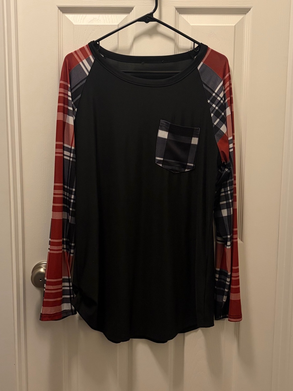 Black Top with Red & Navy Plaid Sleeves and Pocket
